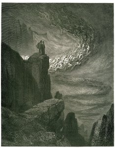The Hell of Dante Alighieri (den guddommelige komedie) illustrert av Gustave Dore. Fransk utgave av 1861. «Den infernalske stormen, som aldri forblir / Beseirer åndene med sitt ran. (Den infernalske orkanen, som aldri stopper, trekker ånder inn i sin virve av Gustave Dore