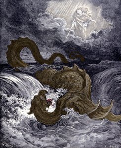 Leviathan, sjømonster som ligner sjøslangen som er referert til i Bibelen. Illustrasjoner av Bibelen av Gustave Dore. Gravering av 1800-tallet. av Gustave Dore