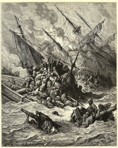 «Sjøslaget ved Lepanto». Det etablerte en spansk, venetiansk allianse og pavelige styrker mot osmanerne utenfor Hellas i 1571. Gravering av Gustave Dore (1832–1883) fra «Korstogenes historie» av Joseph Francois Michaud. av Gustave Dore