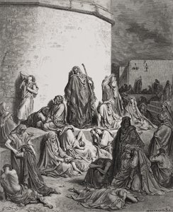 Folket sørger over ruinene av Jerusalem, Lamentations 1:1-2 illustrasjon fra Dores 
