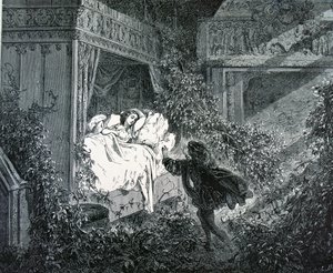 Prinsen som kommer inn på prinsessens soverom ved det fortryllede slottet, illustrasjon for 