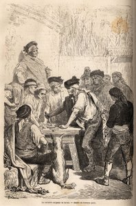Den baratero våpen av navaja, krever barato, hyllest at han arrogates på mengden av hemmelige spill. Tegning av Gustave Dore (1832-1883), for å illustrere hans reise til Spania i 1862, med Ch. Davillier. Gravering i "" Le tour du monde"" av Gustave Dore