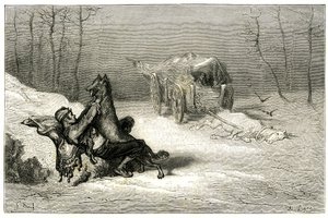 Røveren Agostin blir angrepet av en ulv, og i nærheten av den døde hesten som fortsatt er i vognen, forlater han komikere, eller gjemmer den lille Chiquita. Gravering av Gustave Dore som illustrerer Théophile Gautiers roman «Le capitaine Fracasse», utgave  av Gustave Dore
