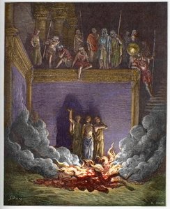 Den brennende ovnen (Babylons tre barn, de tre unge hebreerne eller de tre unge mennene) Ananias, Azarias og Misael feller ut i en brennende ovn fordi de nekter å bøye seg for statuen av Babylons konge - De tre unge mennene i av Gustave Dore