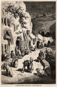 Hulene (underjordiske hus) til sigøynere, i Sacro Monte, i Granada. Tegning av Gustave Dore (1832-1883), for å illustrere hans reise til Spania i 1862, akkompagnert av Ch.Davillier. Gravering i "" Le tour du monde"", redigert av Edouard Charton av Gustave Dore