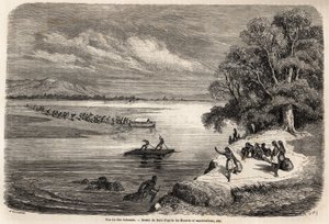 Krysset av Colorado-elven med flåte, akkompagnert av noen Mohaves-indianere, tegning av Gustave Dore (1832-1883), for å illustrere reisen til Mississippi til Stillehavet i 1853-54 av Baudouin Mollhausen (1825-1905). Gravering i "" Le tour du av Gustave Dore