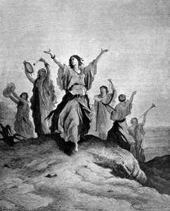 Datteren til Jefta, Israels dommer, gikk sin far i møte. Illustrasjon av Gustave Doré. Gravering av 1800-tallet. av Gustave Dore
