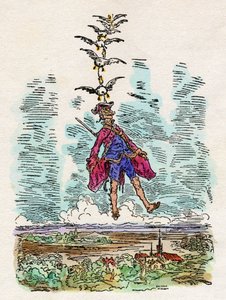 Endene løfter Baronen av Münchhausen (Munchausen) i luften. Illustrasjon av Gustave Dore (1832–1883) for «Baronen av Münchhausens fantastiske eventyr på land og i sjø» av Rudolf Erich Raspe (1737–1794). av Gustave Dore