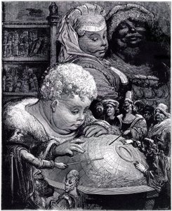 Utdannelsen til Gargantua: giganten, barnet, studerer en jordklode med lærerne sine, under øynene til foreldrene hans av Gustave Dore