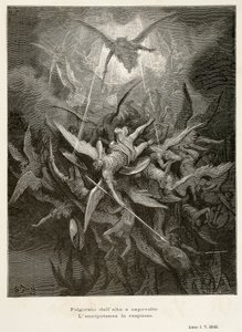 Englenes fall, scene fra Paradise Lost av John Milton (1608-1674), illustrasjon av Gustave Dore