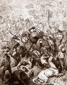 Kampen mot multererne fra Yanguas Gravering av Gustave Dore (1832-1883) for "The Ingenieux Hidalgo Don Quixotte de la Manche (Quixotte - Quijote)" av Miguel de Cervantes (1547-1616) 1863 Privat samling av Gustave Dore