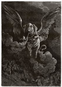 Den flygende grisen etterlater et gassspor forårsaket av flatulensen av Gustave Dore