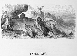 Begravelsen til løvinnen - i "" Fables"" de La Fontaine, ill. av Doré av Gustave Dore