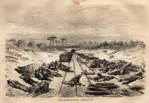 Hviletimen i Argamasilla, de mange jernbanearbeiderne som ligger på banen, hviler i full sol. Gravering for å illustrere reisen til Spania av Gustave Dore (1832-1883) illustratør og baron Ch. Davillier-reaktor, i 1862, publisert i "Le tour du monde, n av Gustave Dore
