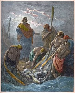 Det mirakuløse trekk av fisk - Mirakuløst fiske - - Gravering i "The Bible illustree" av Gustave Dore (1832-1883) - Gravering fra "" The Dore Bible"" av Gustave Dore