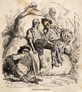 Blunden til transportørene i havnen i Alicante, skisse laget på den livlige Gustave Dore (1832-1883), for å illustrere hans reise til Spania, i 1862, med Ch. Davillier. Gravering i "" Le tour du monde"", redigert av Edouard Charton av Gustave Dore