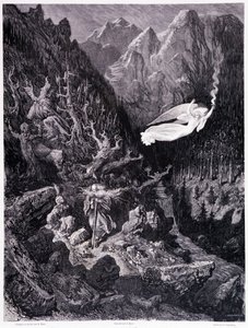 Den gamle mannen som holder en veske og stokken som går i et fiendtlig landskap, overvinnes av en engel som vinker med ilden, Plate VII - Illustrasjon av Gustave Dore (1832-1883), for La legende du Jew wandering av Pierre Dupont, Edition Librairie du magas av Gustave Dore