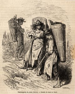 Plukkerne av Xeres. Tegning av Gustave Dore (1832-1883), for å illustrere hans reise til Spania i 1862, med Ch. Davillier. Gravering i "" Le tour du monde"", redigert av Edouard Charton av Gustave Dore