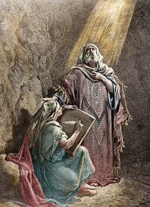 Profeten Jeremie dikterer sine profetier til Baruch - Colorisee-gravering av Pannemacker, fra Bibelen til Gustave Dore (1832-1883) - Jeremiah (650-585 f.Kr.), hebraisk profet. Jeremia dikterer sine profetier til Baruk. Gravering av Pannemaker, The Bibl av Gustave Dore