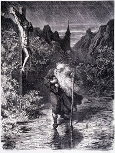 Den vandrende jøden som passerer nær en Golgata - i "Legenden om den vandrende jøden"" av Gustave Doré, bokhandel i den pittoreske butikken av Gustave Dore