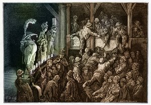 Teater: publikum under en teaterforestilling. Fargerik gravering fra «London, a Pilegrimsreise» illustrert av Gustave Dore (1832–1883) av Gustave Dore