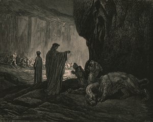 Så guiden min, håndflatene utvidet på bakken, c1890. av Gustave Dore