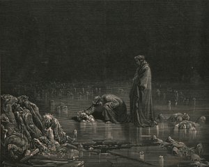 Så grep jeg den bakre hodebunnen hans og ropte: Nevn deg, eller ikke skal et hår ligge her, c1890. av Gustave Dore