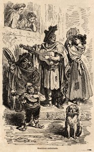 Omreisende musikere i Valencia, tegning av Gustave Dore (1832-1883), for å illustrere hans reise til Spania med C.Davillier, i 1862. Gravering i "" Le tour du monde", redigert av Edouard Charton av Gustave Dore