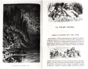 To illustrerte sider fra 'Les Contes Drolatiques' av Honore de Balzac (1799-1850) gravert av Heliodore Joseph Pisan (1822-90) av Gustave Dore