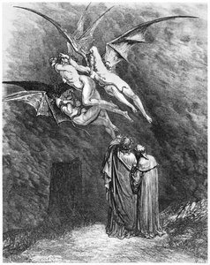 Virgil (70-19 f.Kr.) Dante and the Erinyes, illustrasjon fra 