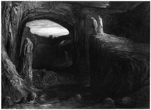 Virgil (70-19 f.Kr.) og Dante kommer inn i helvete, illustrasjon fra 