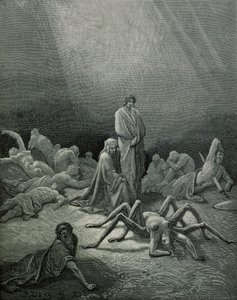 Virgil (70-19 f.Kr.) og Dante ser på edderkoppkvinnen, illustrasjon fra 