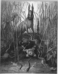 haren og frosken - The Hares and the Frogs - fra "Fables" av Jean de La Fontaine av Gustave Dore
