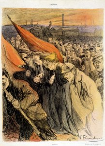 Buet publikum med røde flagg, "" La Grève"" av Flaschoën, deb. 20. s. av Gustave Flasschoen