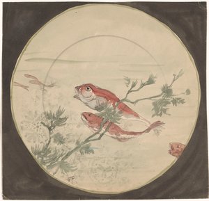 Design for et skilt med rød fisk som svømmer opp av Gustave Fraipont (signed by artist)