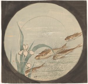 Design for en tallerken med fire brune fisker som svømmer oppover nær en hvit iris av Gustave Fraipont (signed by artist)