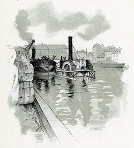 Båter som fortøyer i havnen i La Villette, Paris (Båter i havnen i La Villette, Paris) Tegning av Gustave Fraipont (1849-1923) henter fra «La seine a travers Paris» av Saint-Juirs av Gustave Fraipont