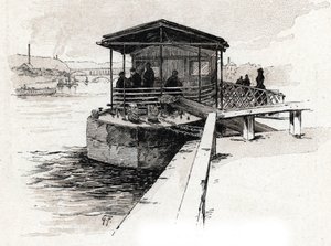 Embarcadere des Bateaux-mouches (Bateaux-mouches) sur la Seine, Paris (Utsikt over turistbåtbryggen på seine-elven, Paris) Tegning av Gustave Fraipont (1849-1923) henter fra Saint-Juirs "" La seine a travers Paris ” av Gustave Fraipont