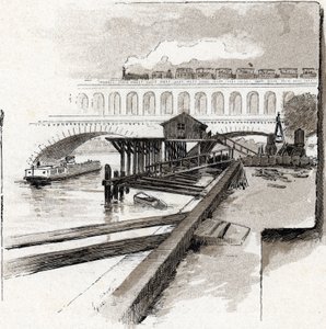 Le viaduct du point du Jour, Boulogne-Billancourt (Utsikt over viaduktbroen til Point du jour-distriktet, Boulogne Billancourt) Tegning av Gustave Fraipont (1849-1923) fra Saint-Juirs av Gustave Fraipont
