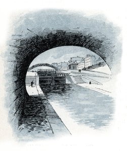 Les ecluses du canal saint Martin, paris (Utsikt over slusene til kanalen Saint-Martin, Paris) Tegning av Gustave Fraipont (1849-1923) henter fra "La seine a travers Paris" av Saint-Juirs av Gustave Fraipont