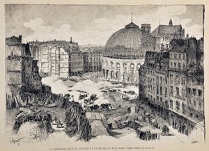 Den nye Rue du Louvre og Halle au Ble i Paris i 1887. illustrasjon av Gustave Fraipont (1849 - 1923). Gravering fra 1887 i "" Paris-Illustrous journal weekly"". av Gustave Fraipont