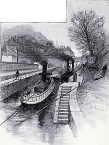 Slepebåter av slusen på Seinen foran Hotel des Monnaie, Paris Tegning av Gustave Fraipont (1849-1923) fra Saint-Juirs av Gustave Fraipont