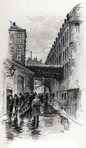 Utsikt over et flophus (doss-hus eller dosshouse) i rue de la Bucherie i Maubert-distriktet, Paris Tegning av Gustave Fraipont (1849-1923) fra Saint-Juirs av Gustave Fraipont