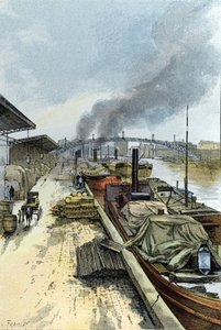 Utsikt over Canal de la Villette i Paris Tegning av Gustave Fraipont (1849-1923) fra Saint-Juirs av Gustave Fraipont