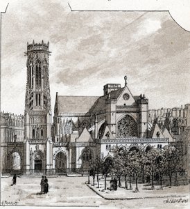 Utsikt over kirken Saint Germain l'Auxerrois, Paris (Church of St Germain-l'Auxerrois) Tegning av Gustave Fraipont (1849-1923) henter fra "La seine a travers Paris" av Saint-Juirs