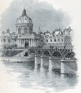 Utsikt over Institut de France og broen Pont des arts i Paris Tegning av Gustave Fraipont (1849-1923) er hentet fra Saint-Juirs "La seine a travers Paris" av Gustave Fraipont