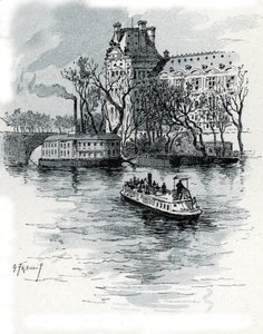 Utsikt over Pavillon de Flore, Palais du Louvre, fra Quai Voltaire, Paris (Utsikt over Pavillon de Flore-delen av Louvre-palasset fra quai Voltaire, Paris) Tegning av Gustave Fraipont (1849-1923) fra Saint-Juirs av Gustave Fraipont