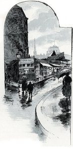 Utsikt over brocanteurs på hjørnet av rue de la bucherie i Paris (bruktbutikker i rue de la Bucherie, Paris) Tegning av Gustave Fraipont (1849-1923) henter fra "La seine a travers Paris" av Saint- Juirs av Gustave Fraipont