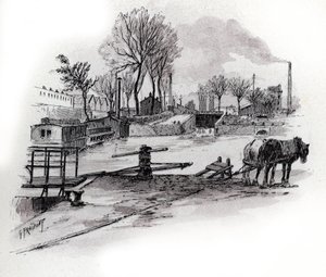 Utsikt over kanalen Saint-Denis og quai de la Gironde a la Villette, Paris (Utsikt over canal saint Denis og quai de la Gironde i Villette-distriktet, paris) Tegning av Gustave Fraipont (1849-1923) fra Saint-Juirs av Gustave Fraipont