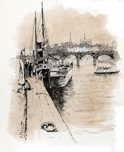 Utsikt over selskapet Seine et Thames hvis båter forbinder Paris og London Tegning av Gustave Fraipont (1849-1923) henter fra "La seine a travers Paris" av Saint-Juirs av Gustave Fraipont